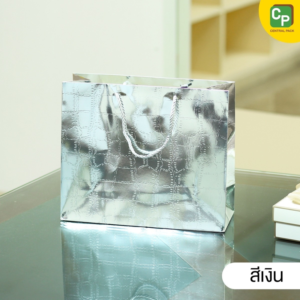 ถุงกระดาษอัดลายหูเชือก เคลือบ UV พื้นเงา แนวนอน No.L 12x10x5" (แพ็ค 5 ใบ) 