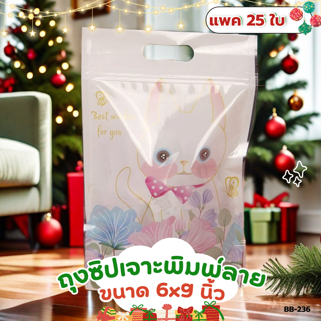 ถุงซิปเจาะพิมพ์ลาย 6x9 นิ้ว (1x25)