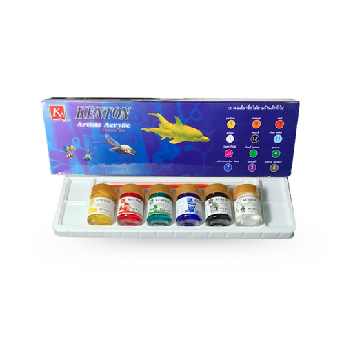 [KT-021] สีอะคิลิคขวดแก้ว 1/2ออนซ์ รุ่น 6 สี (พู่กันและถาดสี)